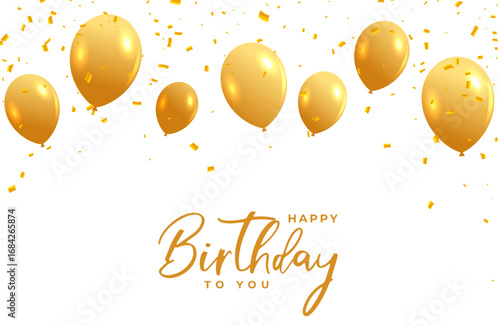 Happy birthday white card with golden balloons and confetti