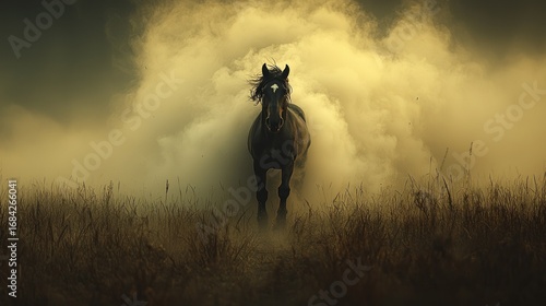 Dramatic dark horse charging through tall grass, enveloped in golden dust/smoke