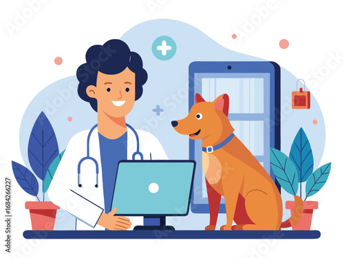 Friendly veterinarian consulting with a happy dog using a laptop computer in a modern clinic