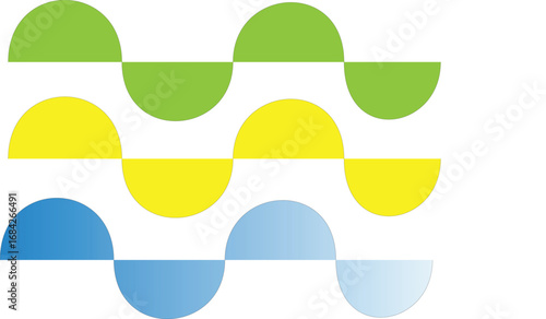 Abstract background with rows of alternating green, yellow, and gradient blue semi-circle wave patterns on a clean white backdrop