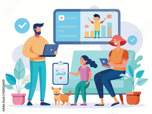 Family engaged in digital learning and remote work activities together at home