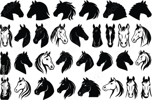 Horse head vector illustration bundle, black silhouette clipart collection of equine elements, logos, and icons for design use.