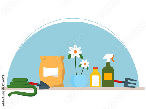 Flower gardening at home with hose, shovel, fertilizer, organic bottle, sprayer and hoe to care for plants. Gardening illustration. Flat vector illustration concept.
