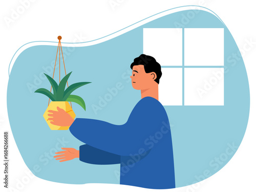 Man looking at and holding in his hand a green plant hanging inside his house. Gardening illustration. Flat vector illustration concept.