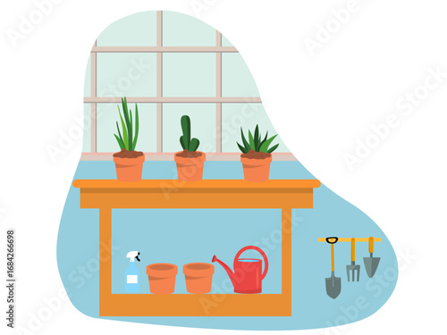 Wallpaper Mural Indoor garden interior with equipment spray, pots, watering can, trowel, shovel, hoe. Gardening illustration. Flat vector illustration concept. Torontodigital.ca