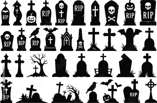 Halloween tombstone and gravestone silhouette bundle, vector cemetery elements set for spooky holiday designs.