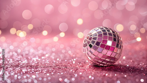 Disco ball with pink glitter and bokeh lights