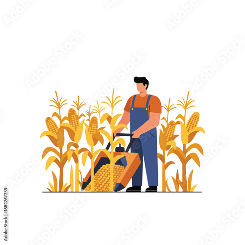 Farmer harvesting corn in a field using a machine