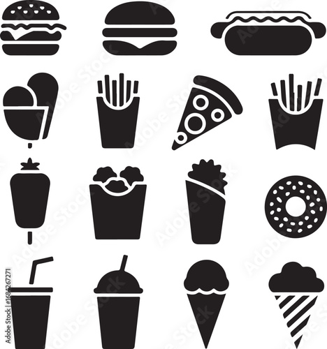 Assortment of popular fast food and drink icons in black silhouette burger hamburger