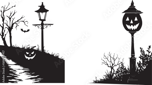 Pumpkin street lamp Halloween silhouette spooky scene vector illustration for decoration and design use