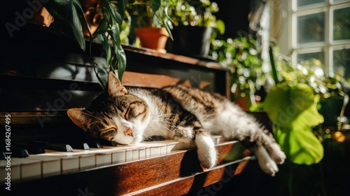 Tabby Cat Relaxing on Piano with Morning Sun