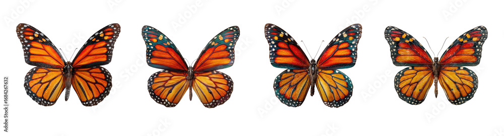 Fototapeta premium Monarch Butterfly PNG set, Vibrant Orange and Black Wings, Delicate Nature Symbol Isolated on Transparent background