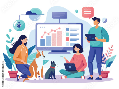 Happy family enjoying time with beloved pets while reviewing data on a computer screen together