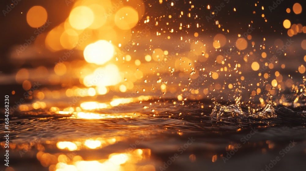 Naklejka premium Water droplets splashing in a pool of water at sunset with bokeh lights in the background.