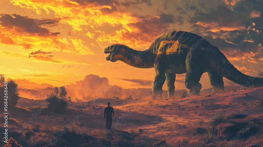Fototapeta premium A lone figure walks towards a giant dinosaur silhouetted against a fiery sunset.