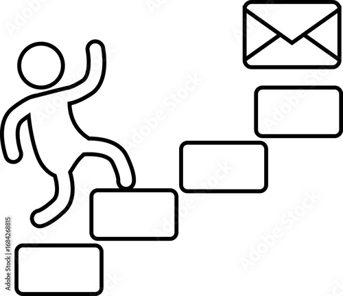 icon of a person climbing stairs and an envelope icon with a white background