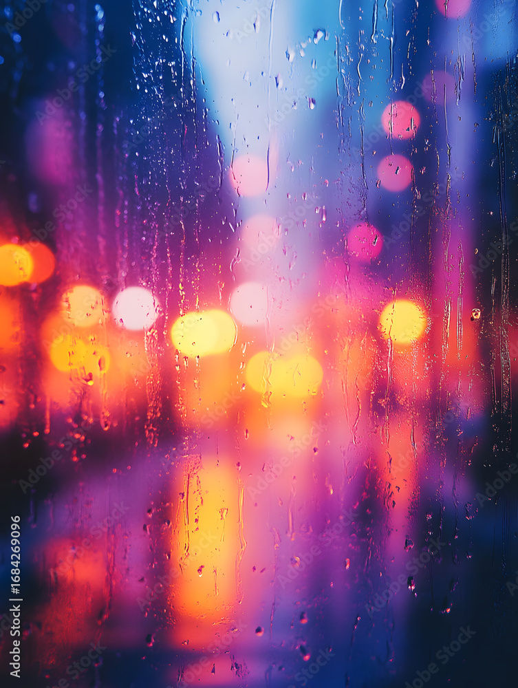 Obraz premium Rainy window with colorful bokeh lights at night, city street blurred background