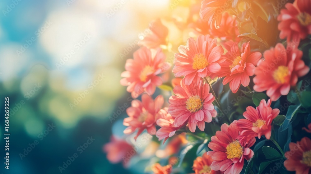 Fototapeta premium Close-up of delicate pink flowers in a field bathed in warm sunlight.