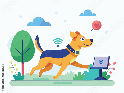 Playful puppy interacting with technology in a park scene with tree and clouds