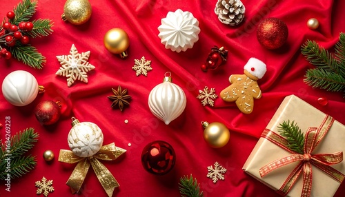 Festive Christmas ornaments and gift on red fabric