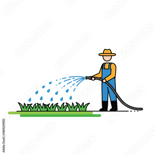 Person in overalls and hat watering grass with a hose