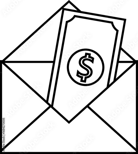 icon of an open envelope filled with banknotes on a white background
