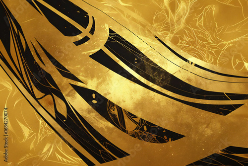 豪華な金のテクスチャ、抽象的な和風の背景と黒の模様