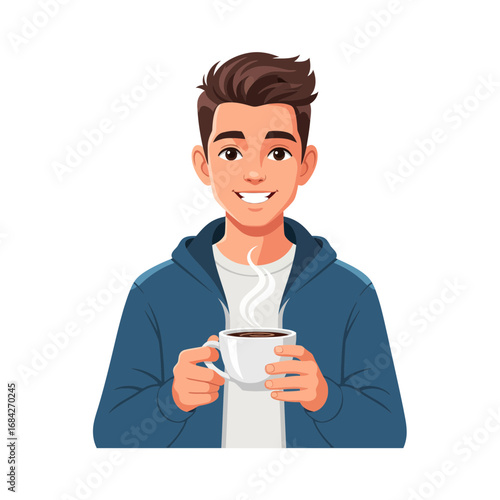 Smiling Young Man Enjoying a Hot Beverage Coffee, Tea, or Chocolate