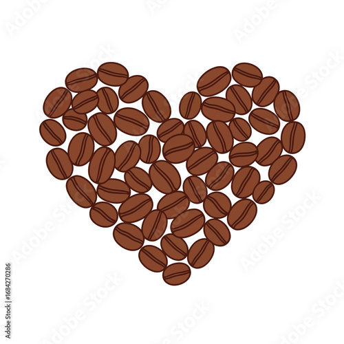 Vector graphic of a heart shape composed of aromatic coffee beans, representing a deep love for caffeine and warm drinks