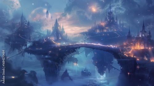 Fantasy cityscape with floating islands and bridge