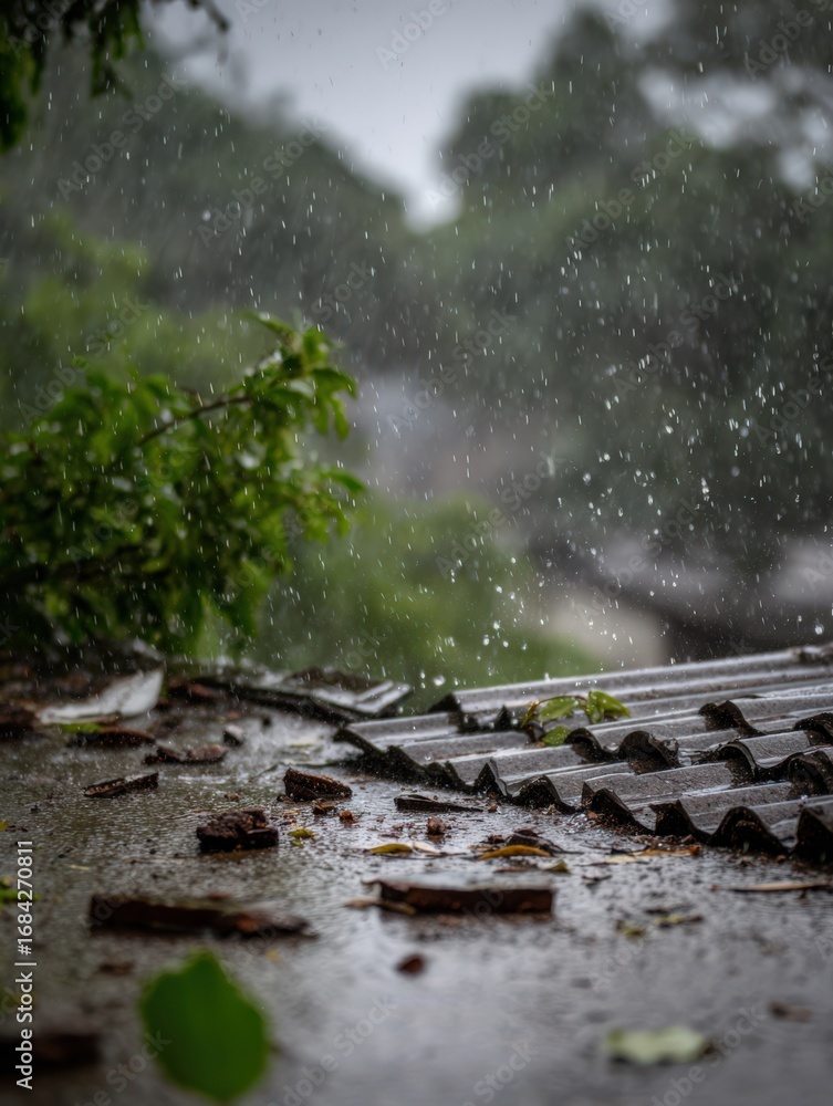 Fototapeta premium Storm-Damaged Roof under Heavy Rain