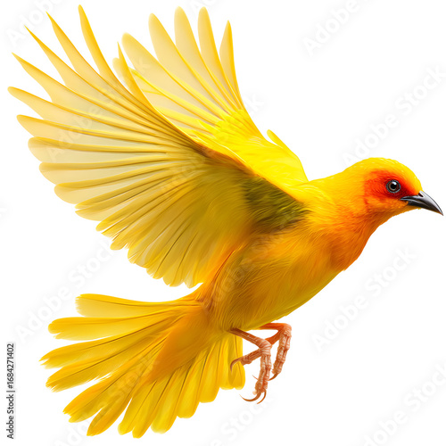 Stunning vibrant yellow weaver bird gracefully captured in mid-flight against black backdrop