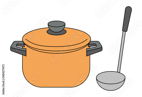Cooking pot with lid and ladle kitchen utensil illustration for food preparation, recipe content, culinary education, household kitchenware, restaurant menu design, and cooking promotional materials i