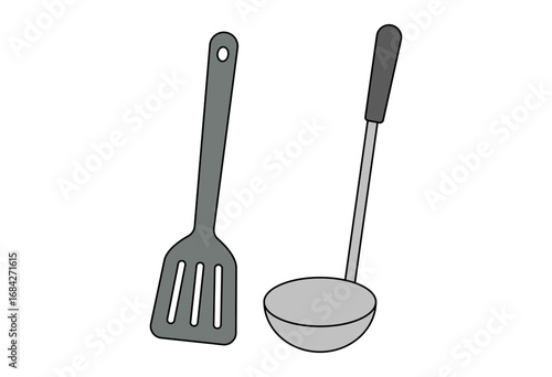 Spatula and ladle kitchen utensils illustration for cooking, food preparation, recipe content, household kitchenware, culinary education, and restaurant promotional materials isolated on white backgro