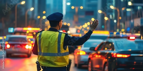 A traffic police officer using hand gestures to control the flow of cars in a city