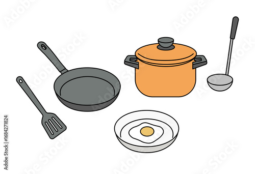Cooking utensils and breakfast set illustration with frying pan, cooking pot, spatula, ladle and sunny side up egg served on plate for food preparation, recipe content, household kitchenware, restaura