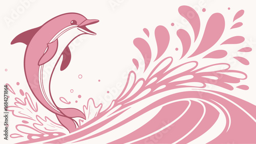 A pink dolphin gracefully leaps from the water amidst a splash of stylized pink waves and droplets