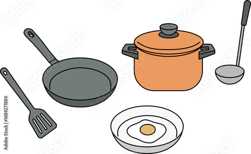 Cooking utensils and breakfast set illustration with frying pan, cooking pot, spatula, ladle and sunny side up egg served on plate for food preparation, recipe content, household kitchenware, restaura