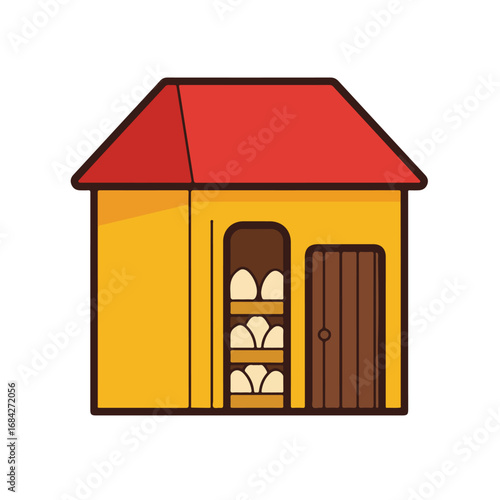 Yellow building with red roof open shelves with eggs and wooden door