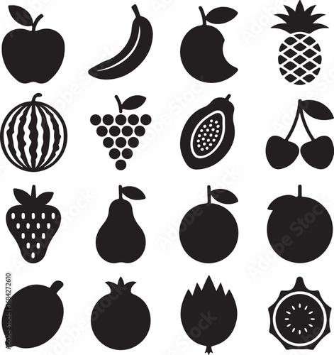 Twelve black silhouette fruits and berries icons Keywords: fruit, berry, apple, banana, guava