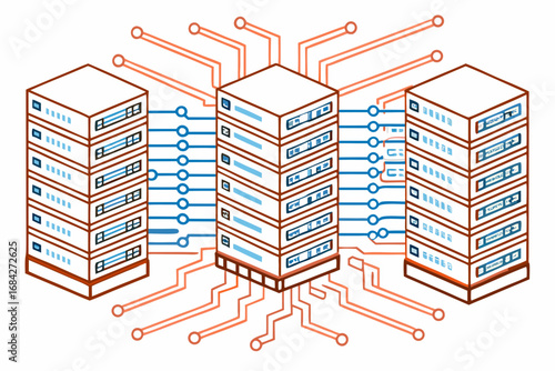 Network servers connected to cloud infrastructure represent seamless data flow and powerful computing