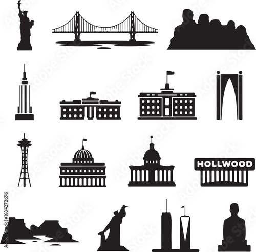 Collection of twelve famous global landmark silhouettes Keywords: landmark, building