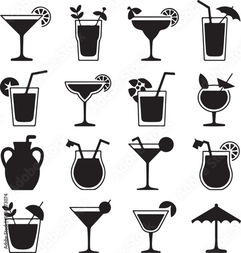 Collection of stylized cocktail drinks with garnishes and straws beverage glass