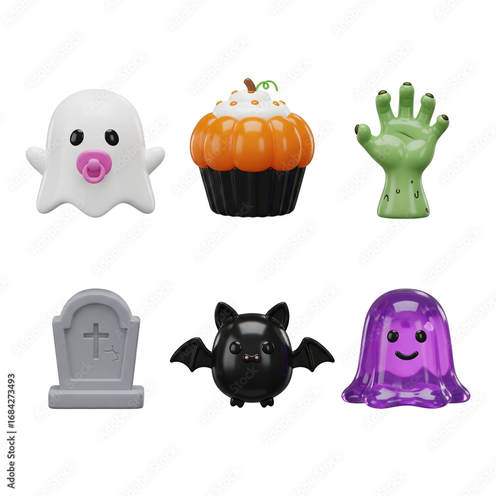 Fototapeta premium A collection of Halloween-themed toys including a ghost, pumpkin, zombie hand, bat, grave, and a jelly ghost.