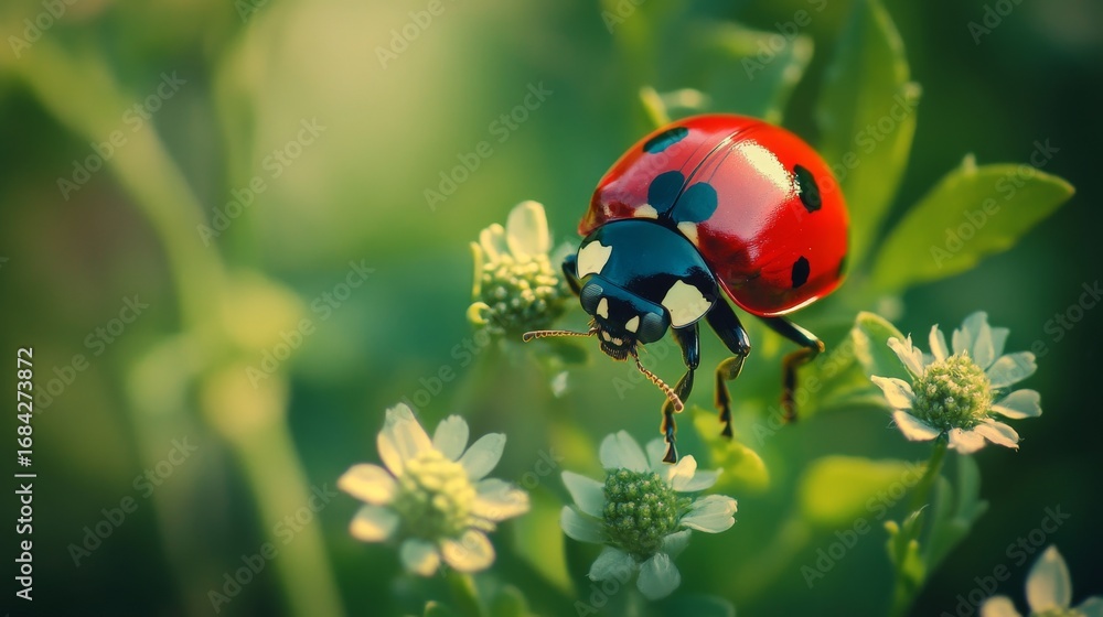 Fototapeta premium A ladybug with red and black shell on a white flower with green leaves.