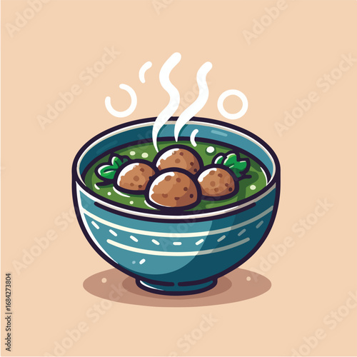 Cartoon Style Tasty Meatball Soup in Blue Bowl Illustration