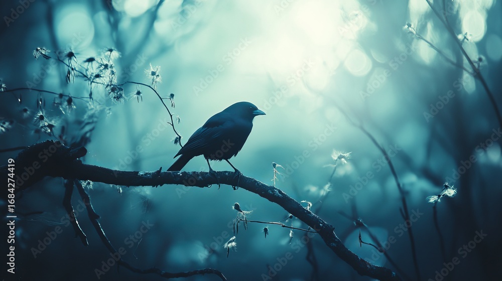 Fototapeta premium A single black bird perched on a branch in a misty forest, backlit by the sun, creating a silhouette against the blue-toned background.