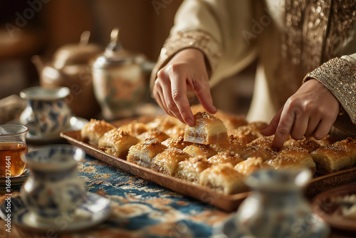 Hands serving baklava with tea in traditional setting