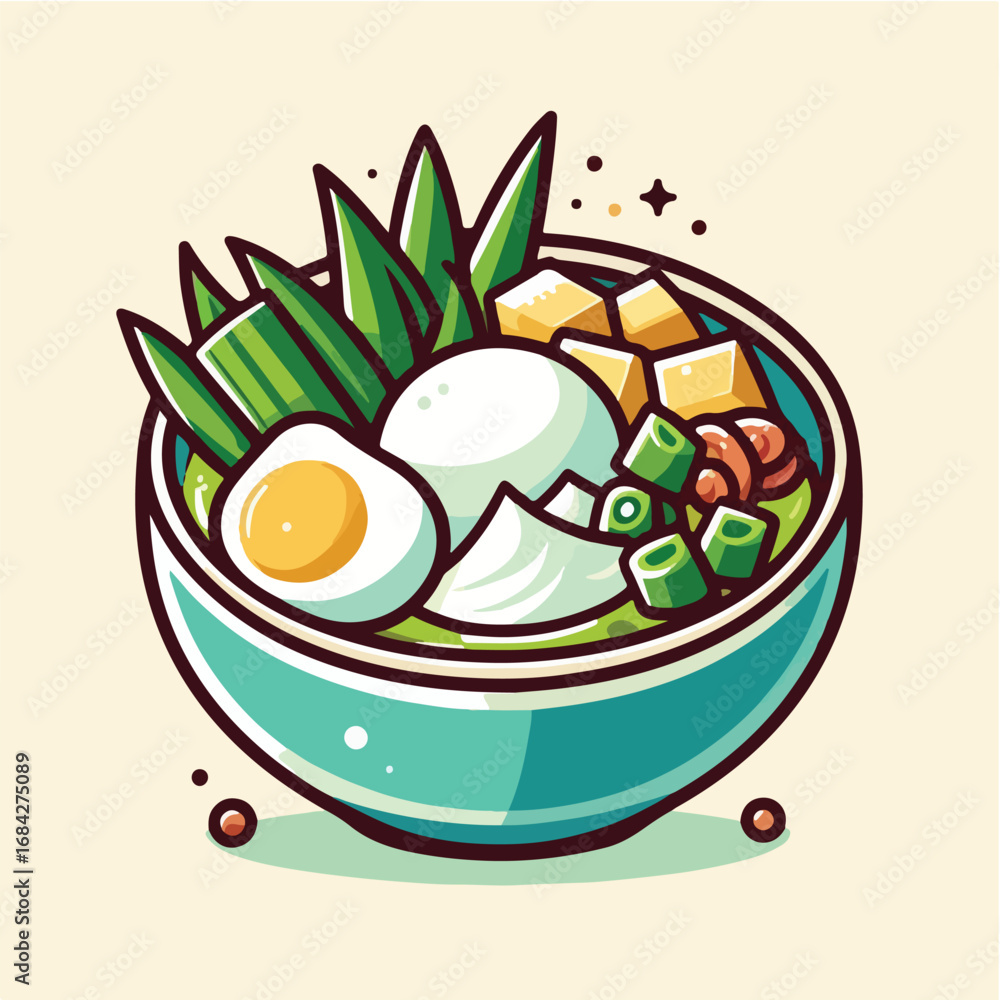 Fototapeta premium Cartoon Style Illustration of Indonesian Traditional Food Lontong Sayur in a Bowl