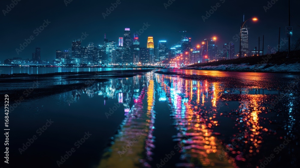 Fototapeta premium Cityscape at night reflecting on a wet road. Modern urban lifestyle backdrop